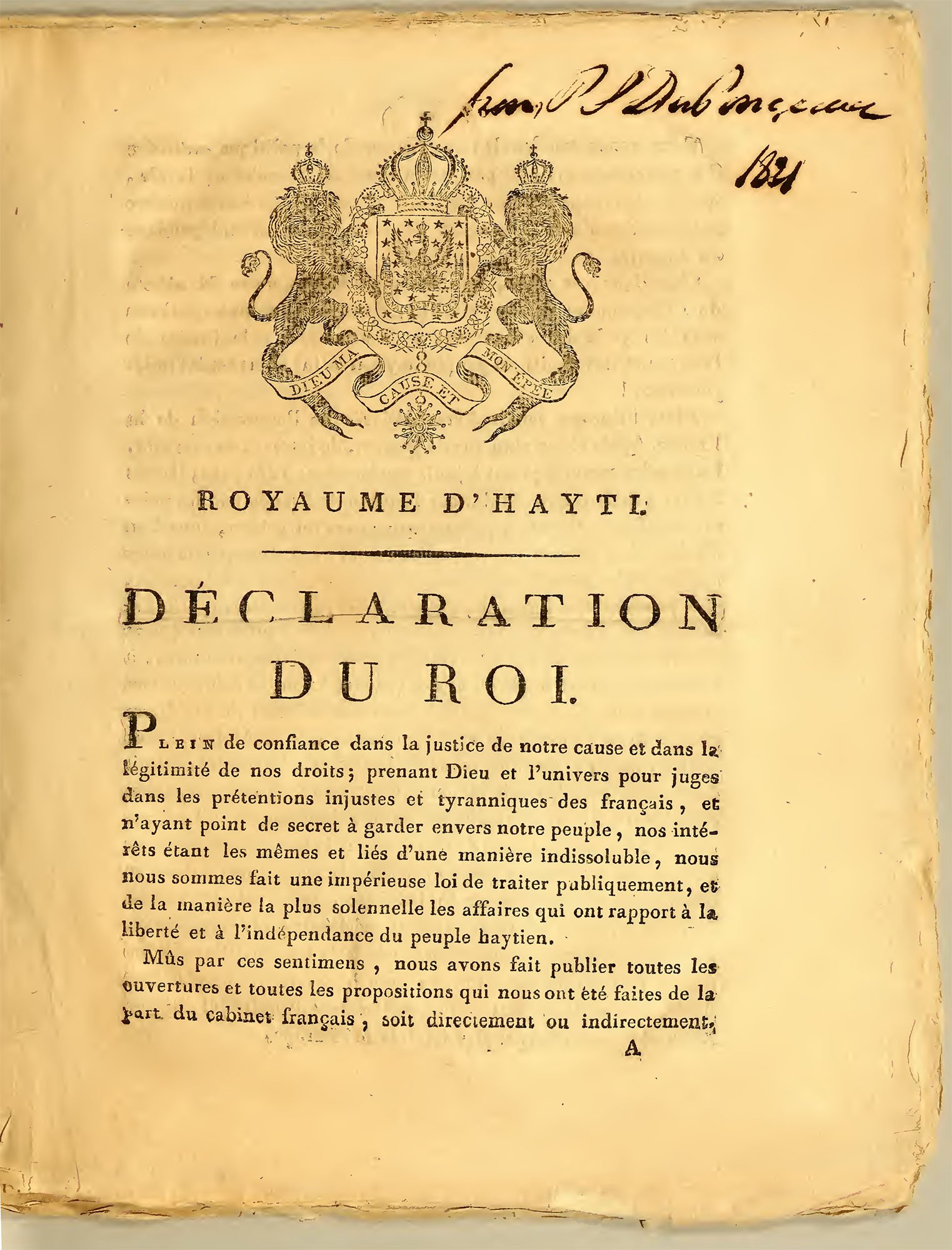 HENRY CHRISTOPHE - DÉCLARATION DU 20 NOVEMBRE 1816